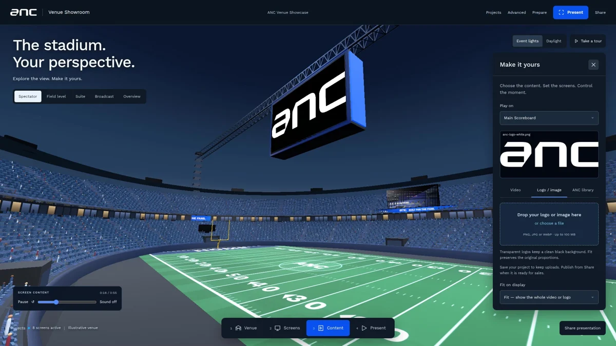 ANC 3D Venue Showroom showing a stadium, display surfaces and the creative content controls